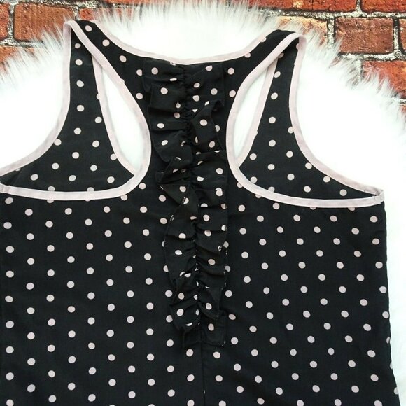 🎯5/$30 Candie's Tank Top Polka Dot Ruffle Black Pink Dip Hem Juniors XS - Picture 5 of 10